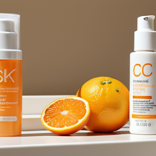 ** "Close-up of diverse cosmetic products arranged on a vanity: Vitamin C serum with citrus slices, Niacinamide cream, and a bottle of SPF 50 sunscreen. Focus on bright, even skin tones, implying the products' efficacy."

**