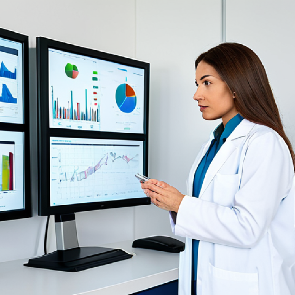 A professional female dermatologist, fully clothed in a modest, clean white lab coat, stands in a bright, modern dermatology clinic. She is looking intently at a large, high-tech display screen showing abstract medical data or research graphs, with her hands resting naturally on a clean workstation. The clinic background is minimalist and features subtle, advanced scientific equipment. The image emphasizes professionalism, advanced medical care, and precise analysis. safe for work, appropriate content, fully clothed, professional dress, perfect anatomy, correct proportions, natural pose, well-formed hands, proper finger count, natural body proportions.