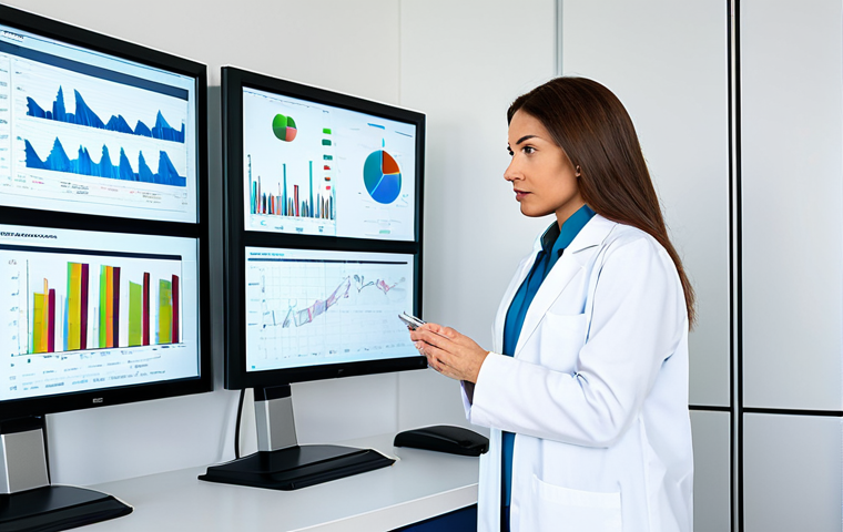 A professional female dermatologist, fully clothed in a modest, clean white lab coat, stands in a bright, modern dermatology clinic. She is looking intently at a large, high-tech display screen showing abstract medical data or research graphs, with her hands resting naturally on a clean workstation. The clinic background is minimalist and features subtle, advanced scientific equipment. The image emphasizes professionalism, advanced medical care, and precise analysis. safe for work, appropriate content, fully clothed, professional dress, perfect anatomy, correct proportions, natural pose, well-formed hands, proper finger count, natural body proportions.