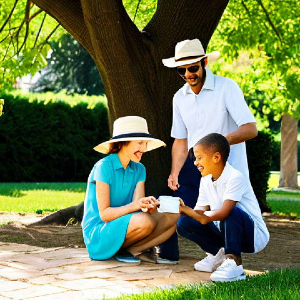 A diverse family, including parents and a child, enjoying a sunny day outdoors in a park. They are fully clothed in modest, light-colored, sun-protective clothing, including wide-brimmed hats and sunglasses. The parents are applying sunscreen to their child's arm, while another family member is seeking shade under a large tree. The scene conveys a sense of joyful, responsible outdoor living. Perfect anatomy, correct proportions, natural pose, well-formed hands, proper finger count, natural body proportions, professional photography, high quality, safe for work, appropriate content, family-friendly.