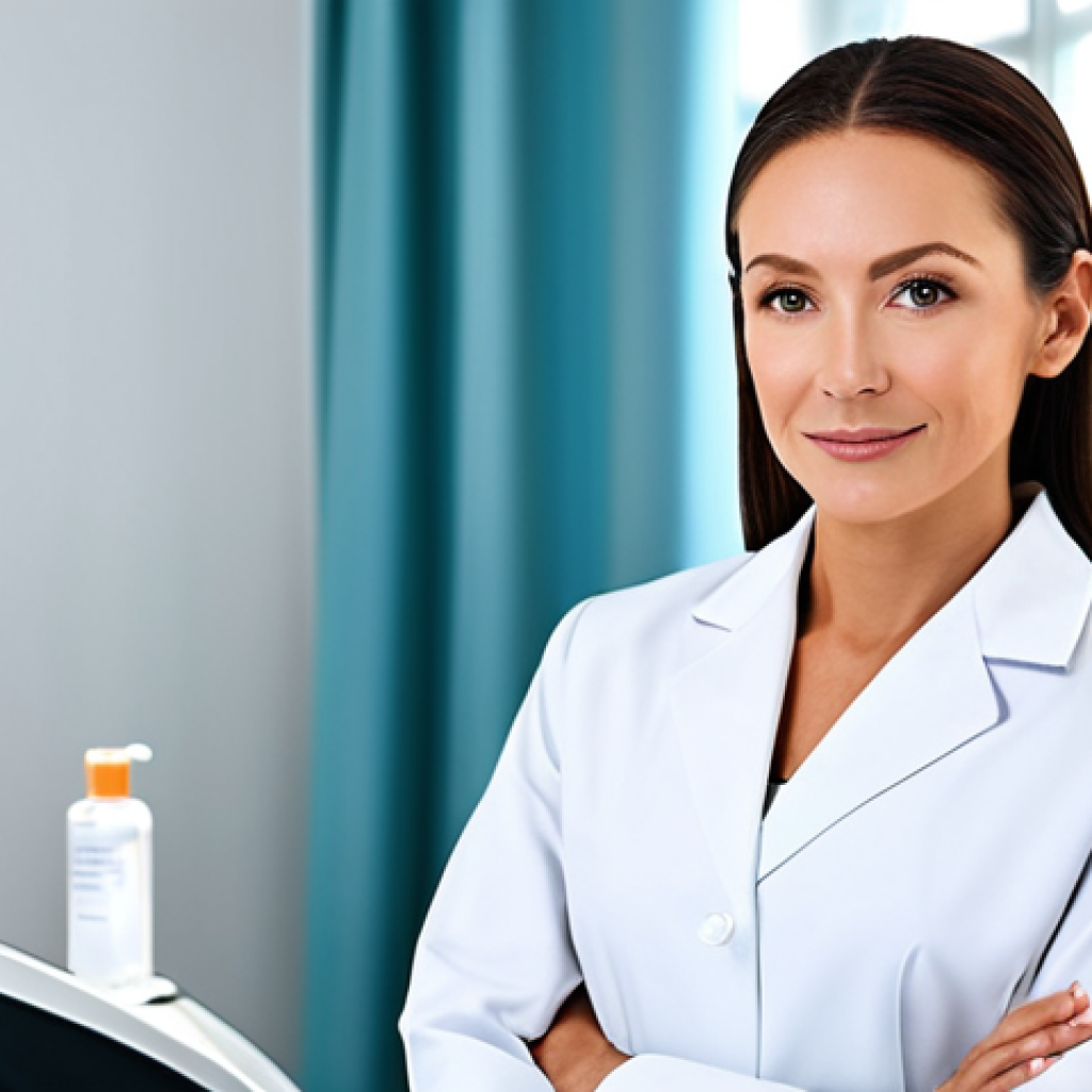 A professional adult woman with radiant, healthy skin, in modest professional attire, in a modern, clean dermatology clinic. She is looking confidently at the camera, with a subtle glow on her face, hinting at effective skin rejuvenation technology. The background features sleek, advanced skincare equipment, subtly blurred. The woman has perfect anatomy, correct proportions, and a natural, poised pose. She is fully clothed, with appropriate attire. Her hands are well-formed, and she has a proper finger count. Natural body proportions. Safe for work, appropriate content, fully clothed, professional, high quality, studio lighting.