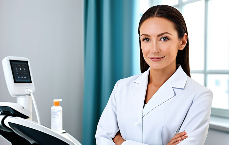 A professional adult woman with radiant, healthy skin, in modest professional attire, in a modern, clean dermatology clinic. She is looking confidently at the camera, with a subtle glow on her face, hinting at effective skin rejuvenation technology. The background features sleek, advanced skincare equipment, subtly blurred. The woman has perfect anatomy, correct proportions, and a natural, poised pose. She is fully clothed, with appropriate attire. Her hands are well-formed, and she has a proper finger count. Natural body proportions. Safe for work, appropriate content, fully clothed, professional, high quality, studio lighting.