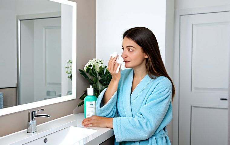 Skincare Routine Focus**

A young Italian woman with clear, healthy skin, demonstrating a gentle skincare routine in a bright, modern bathroom. She is fully clothed in a comfortable robe, applying a light moisturizer to her face. The scene emphasizes cleanliness and self-care. Include skincare products with Italian branding subtly visible. Perfect anatomy, correct proportions, natural pose, well-formed hands, proper finger count, safe for work, appropriate content, fully clothed, professional, modest, family-friendly, high quality, professional photography.

**