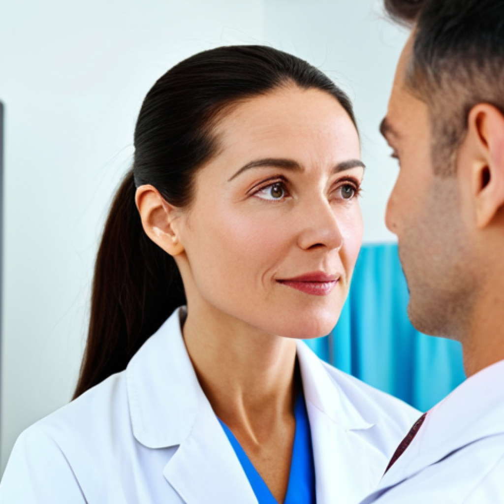 **Image Prompt 1:** "A professional dermatologist in a white coat, examining a woman's face in a brightly lit clinic. The woman has clear, healthy skin. Focus on the dermatologist's gentle touch and the clean environment. Safe for work, appropriate content, fully clothed, modest, professional, perfect anatomy, natural proportions, high quality."