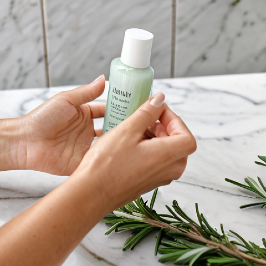 Skincare Routine Close-up**

A woman's hands delicately applying a light, oil-free moisturizer to clean skin, skincare products arranged on a marble countertop with rosemary sprigs. Focus on texture and detail: perfect skin, well-lit, product labels visible (Italian skincare brands preferred if possible). Appropriate content, safe for work, fully clothed (sleeves visible), professional.

**