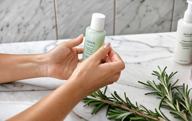 Skincare Routine Close-up**

A woman's hands delicately applying a light, oil-free moisturizer to clean skin, skincare products arranged on a marble countertop with rosemary sprigs. Focus on texture and detail: perfect skin, well-lit, product labels visible (Italian skincare brands preferred if possible). Appropriate content, safe for work, fully clothed (sleeves visible), professional.

**