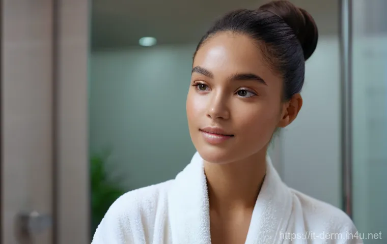 피부 트러블 치료법 - **"A close-up portrait of a woman in her late 20s with a radiant, healthy complexion, gently applyin...