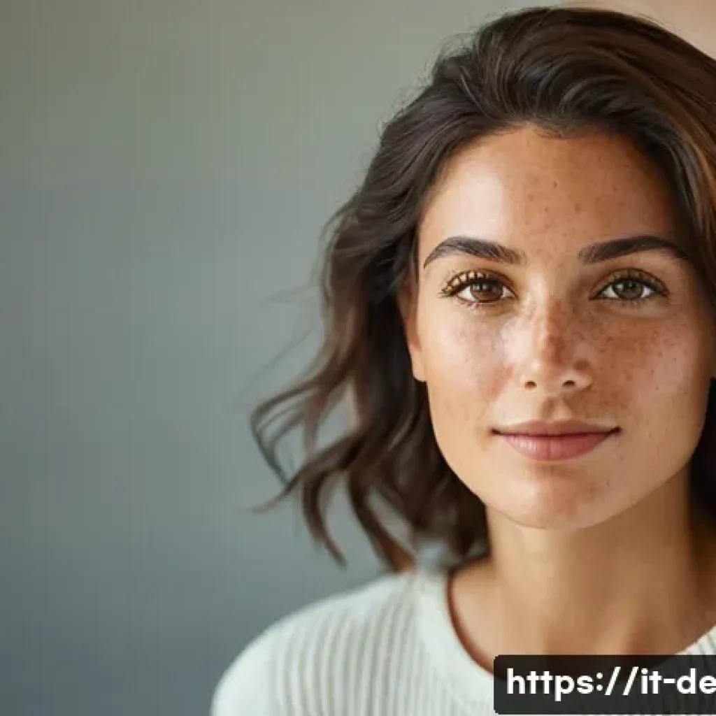 주근깨 레이저 치료 - Close-up portrait of an adult Italian woman, late 20s to early 30s, with exceptionally clear, lumino...