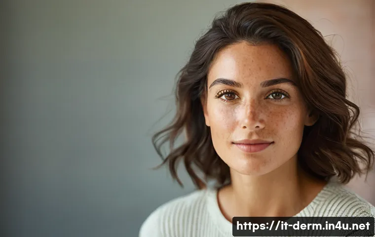 주근깨 레이저 치료 - Close-up portrait of an adult Italian woman, late 20s to early 30s, with exceptionally clear, lumino...
