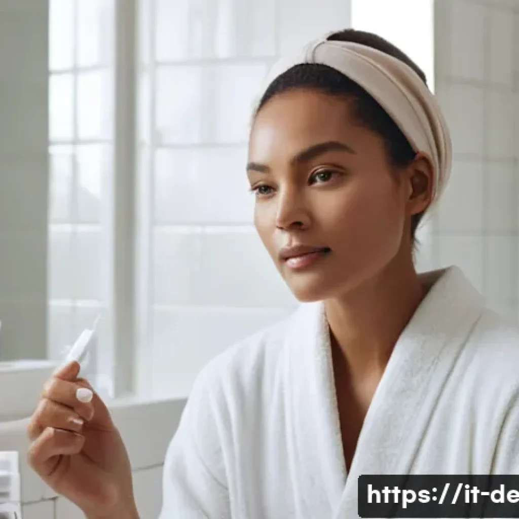 모공 줄이는 화장품 추천 - **Prompt:** A serene 30-year-old woman with radiant, healthy skin is gently applying a lightweight s...