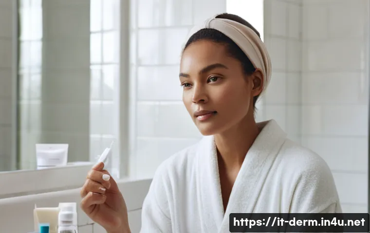 모공 줄이는 화장품 추천 - **Prompt:** A serene 30-year-old woman with radiant, healthy skin is gently applying a lightweight s...