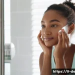 Home 9 피부관리와 연령별 추천 - A bright, modern bathroom scene featuring a young woman in her twenties with clear, glowing skin. Sh...