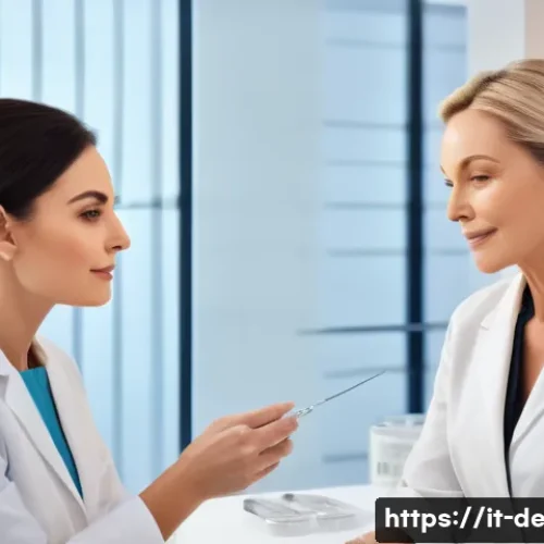 Home 16 주름 개선 필러 - A serene medical aesthetic clinic setting with a professional female doctor consulting a middle-aged...