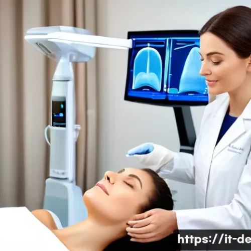 Home 15 피부과 리프팅 최신 기술 - A serene, modern dermatology clinic room in Italy with warm natural light filtering through large wi...