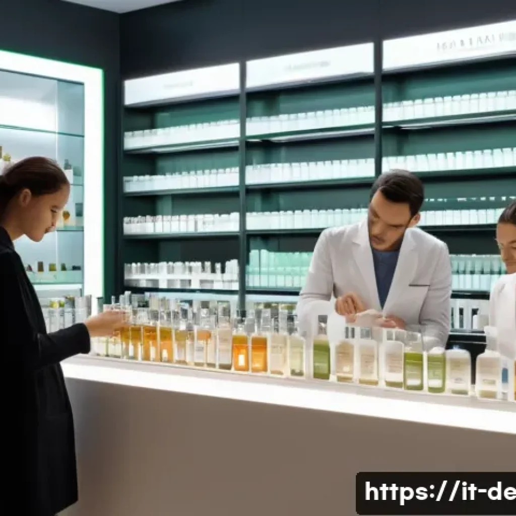 피부과 화장품 성분 분석 - A sophisticated skincare laboratory scene featuring a diverse group of Italian adults attentively ex...