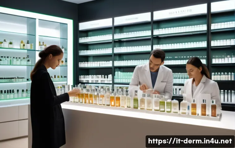 피부과 화장품 성분 분석 - A sophisticated skincare laboratory scene featuring a diverse group of Italian adults attentively ex...