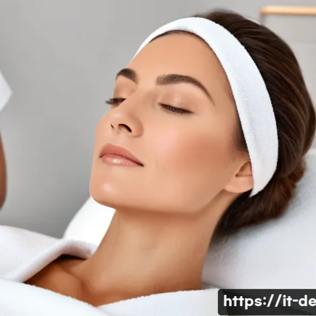 피부과 피부 스케일링 - A serene spa scene featuring a middle-aged Italian woman with clear, radiant skin undergoing a gentl...