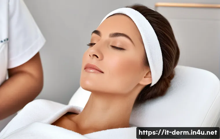 피부과 피부 스케일링 - A serene spa scene featuring a middle-aged Italian woman with clear, radiant skin undergoing a gentl...