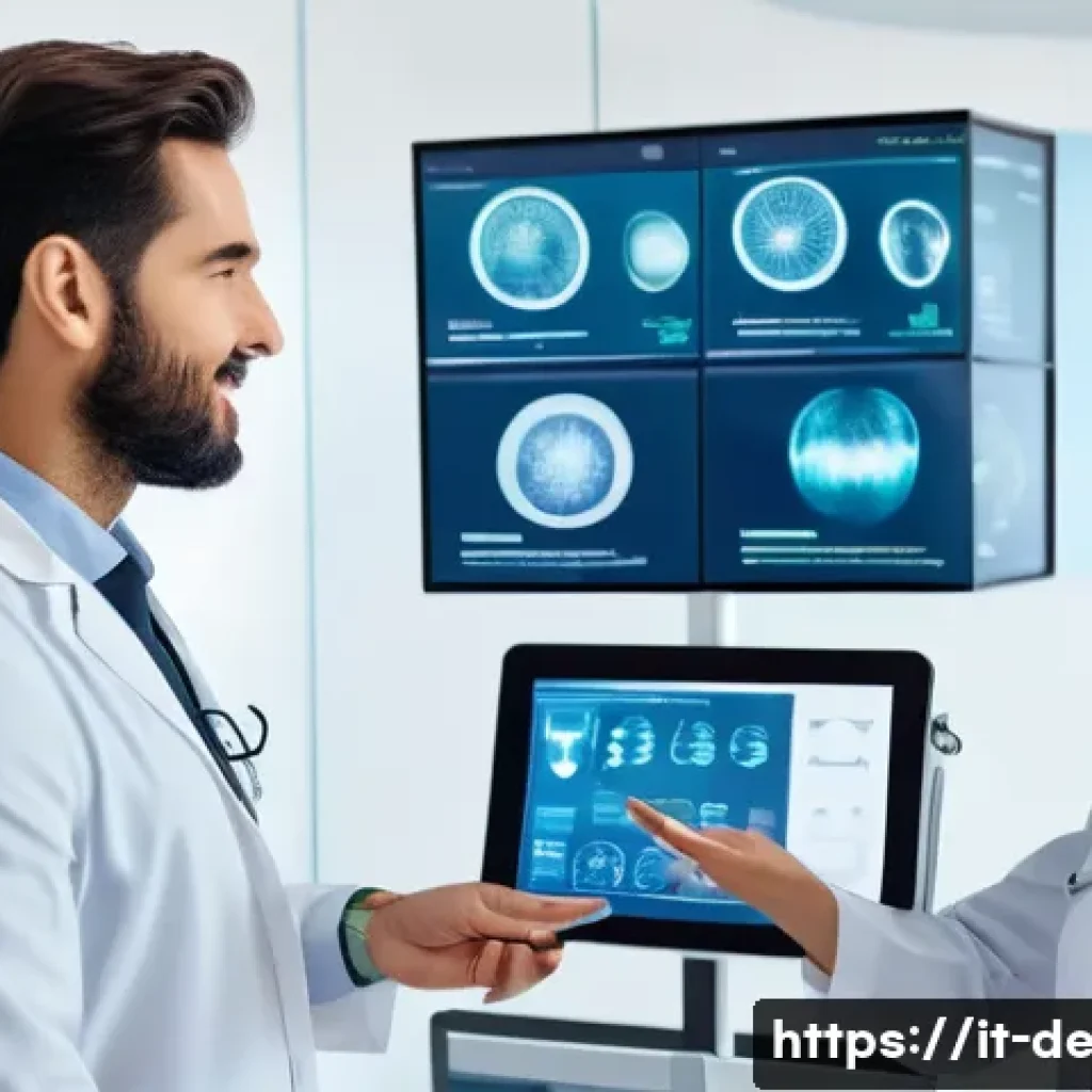 피부과 프로토콜 관리법 - A modern dermatology clinic scene showing a diverse medical team collaborating around a digital touc...