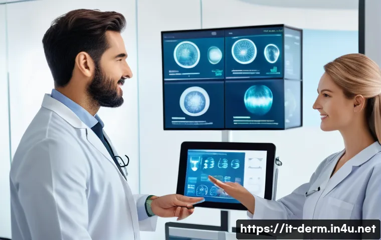 피부과 프로토콜 관리법 - A modern dermatology clinic scene showing a diverse medical team collaborating around a digital touc...