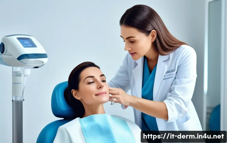 화학적 필링 비용 - A modern dermatology clinic in Milan, Italy, with a professional female dermatologist consulting a m...
