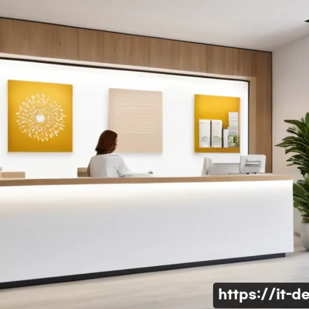 피부과 예약 꿀팁 - A modern dermatology clinic reception area in Italy during spring, bright natural lighting, tasteful...
