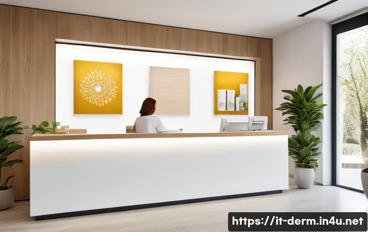 피부과 예약 꿀팁 - A modern dermatology clinic reception area in Italy during spring, bright natural lighting, tasteful...