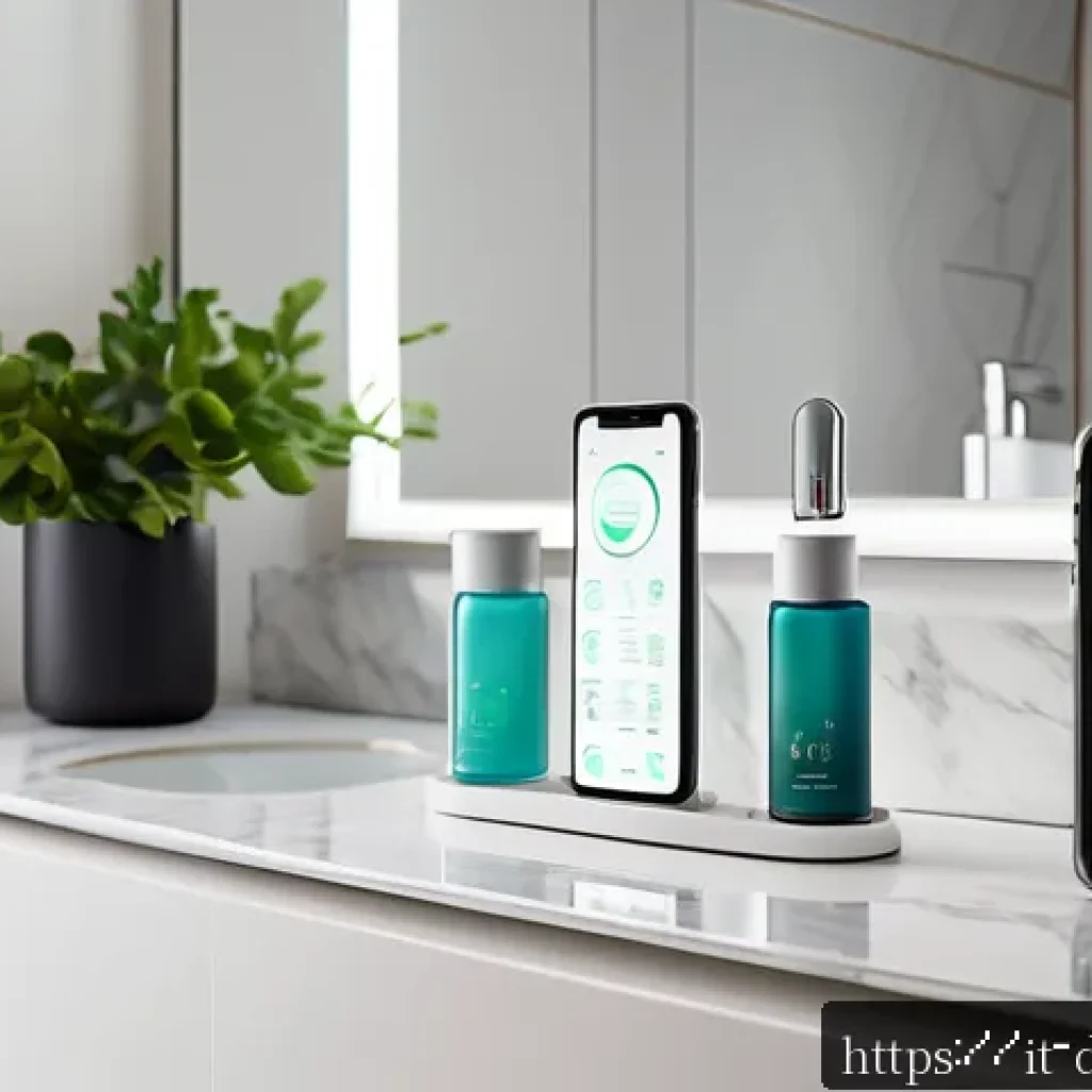 피부 진단 장비 리뷰 - A sleek, modern skincare device resting on a marble bathroom countertop beside a smartphone displayi...
