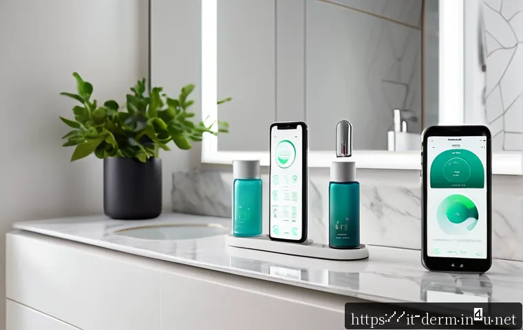 피부 진단 장비 리뷰 - A sleek, modern skincare device resting on a marble bathroom countertop beside a smartphone displayi...