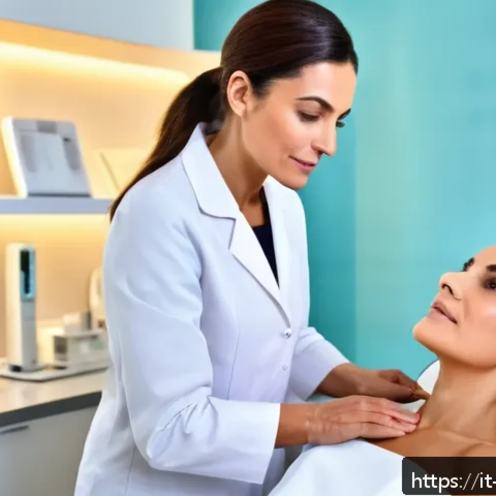 피부 흉터 레이저 치료 - A modern dermatology clinic scene featuring a professional dermatologist consulting a middle-aged It...