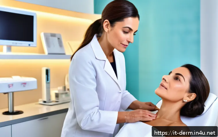 피부 흉터 레이저 치료 - A modern dermatology clinic scene featuring a professional dermatologist consulting a middle-aged It...