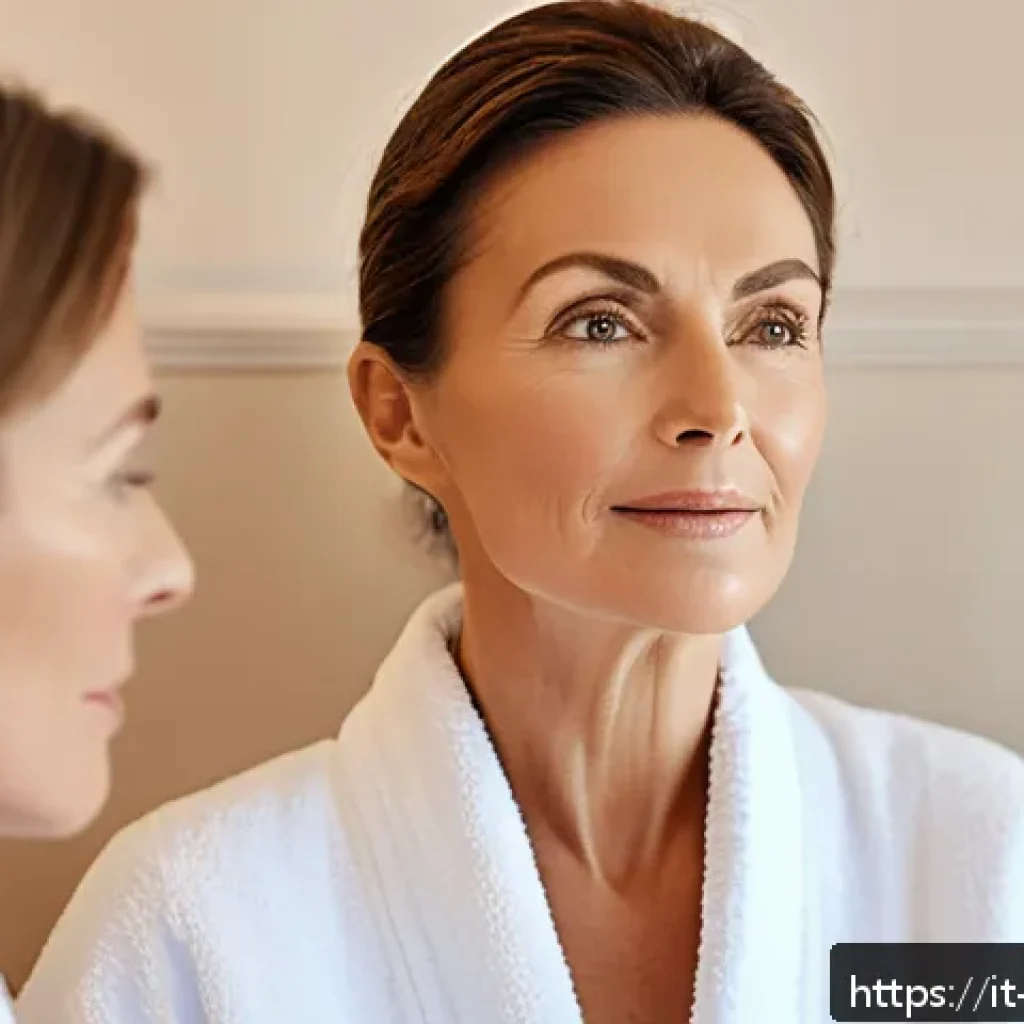 피부과 RF리프팅 효과 - A serene Italian spa setting featuring a middle-aged woman receiving a radiofrequency facial treatme...