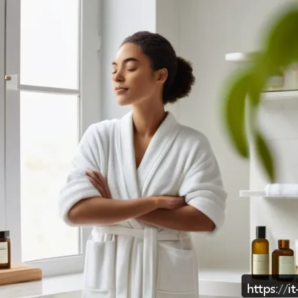 피부과 자가 관리법 - A serene morning skincare routine scene featuring a young woman with clear, glowing skin gently clea...