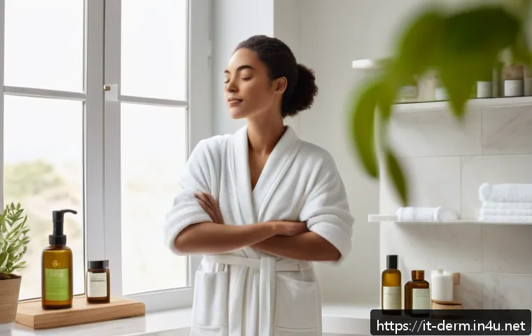 피부과 자가 관리법 - A serene morning skincare routine scene featuring a young woman with clear, glowing skin gently clea...