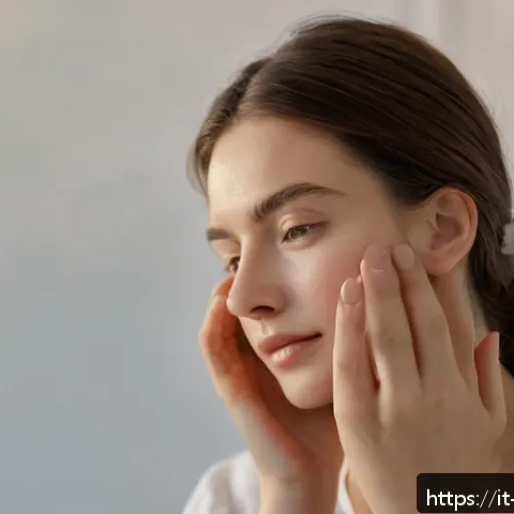 피부 알레르기 치료 - A close-up portrait of a young Italian woman with sensitive skin showing mild redness and gentle swe...