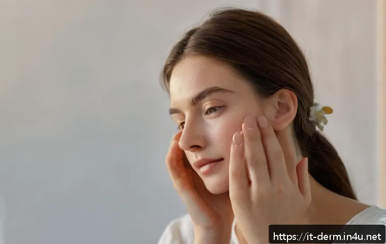 피부 알레르기 치료 - A close-up portrait of a young Italian woman with sensitive skin showing mild redness and gentle swe...