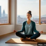 Home 22 지루성 피부염 치료 - A serene urban woman practicing meditation in a modern Italian apartment overlooking a cityscape wit...