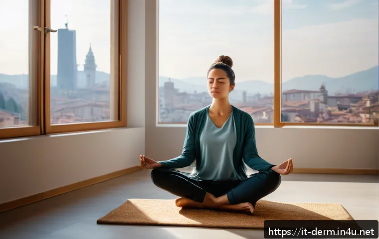 지루성 피부염 치료 - A serene urban woman practicing meditation in a modern Italian apartment overlooking a cityscape wit...
