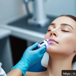 Home 20 안면홍조 완화 레이저 - A close-up portrait of a woman with sensitive skin undergoing a pulsed dye laser (PDL) facial treatm...