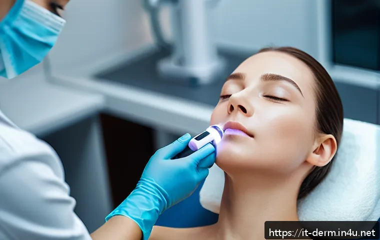 안면홍조 완화 레이저 - A close-up portrait of a woman with sensitive skin undergoing a pulsed dye laser (PDL) facial treatm...