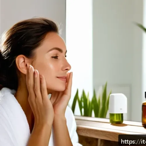 Home 31 피부 리프팅 방법 추천 - A serene Italian woman in her 30s with glowing, toned skin, gently massaging her face with circular ...