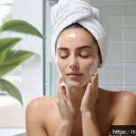 Home 18 여드름 압출 치료법 - A serene Italian woman in her mid-20s gently cleansing her face in a bright, modern bathroom with na...