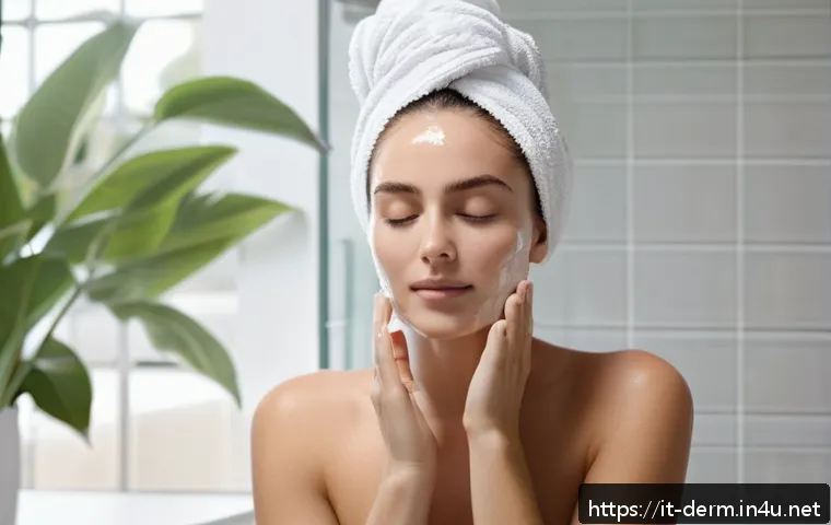 여드름 압출 치료법 - A serene Italian woman in her mid-20s gently cleansing her face in a bright, modern bathroom with na...