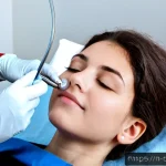 피부과 여드름 압출기 - Photorealistic close-up in a modern Italian dermatology clinic, a dermatologist wearing white nitril...