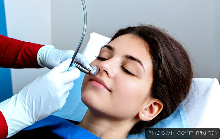 피부과 여드름 압출기 - Photorealistic close-up in a modern Italian dermatology clinic, a dermatologist wearing white nitril...